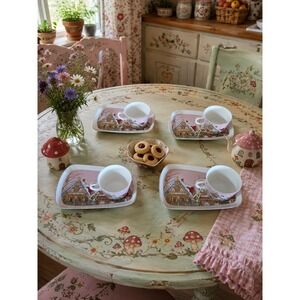 Grace Fine Ceramic Gingerbread House Tea Set 4 Cups 4 Rectangular Plates Pink
